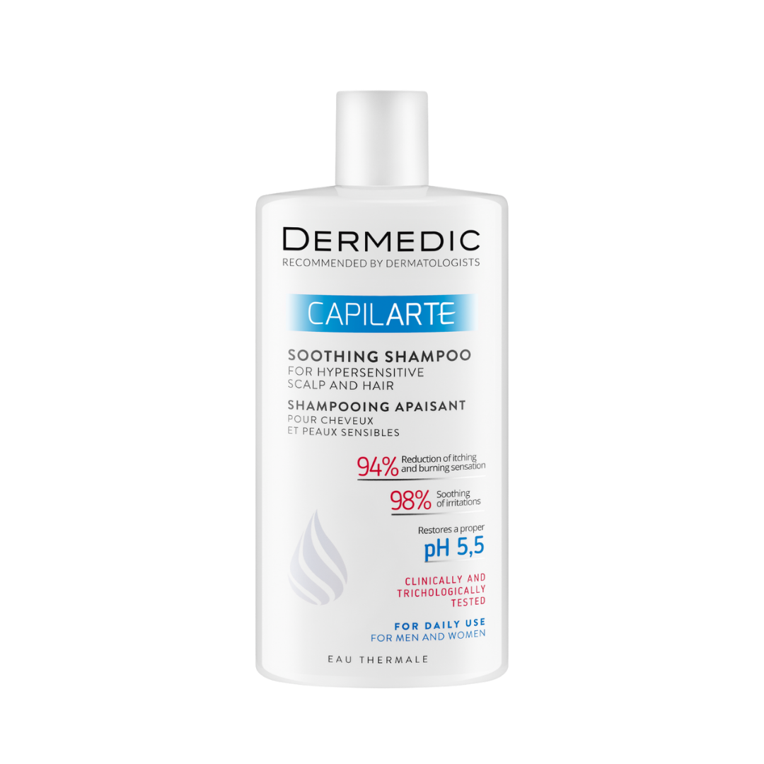 Dermedic Capilarte soothing shampoo bottle for hypersensitive scalp and hair, daily use, white plastic packaging
