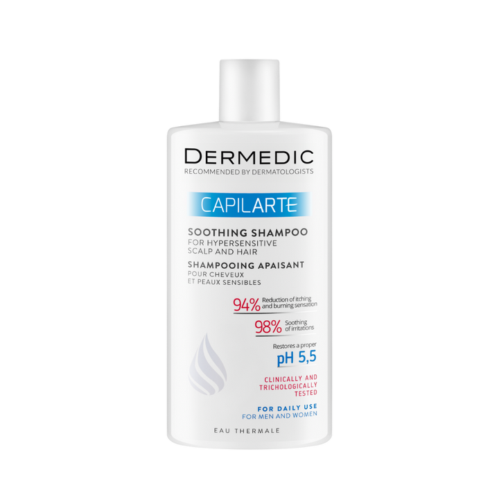 Dermedic Capilarte soothing shampoo bottle for hypersensitive scalp and hair, daily use, white plastic packaging
