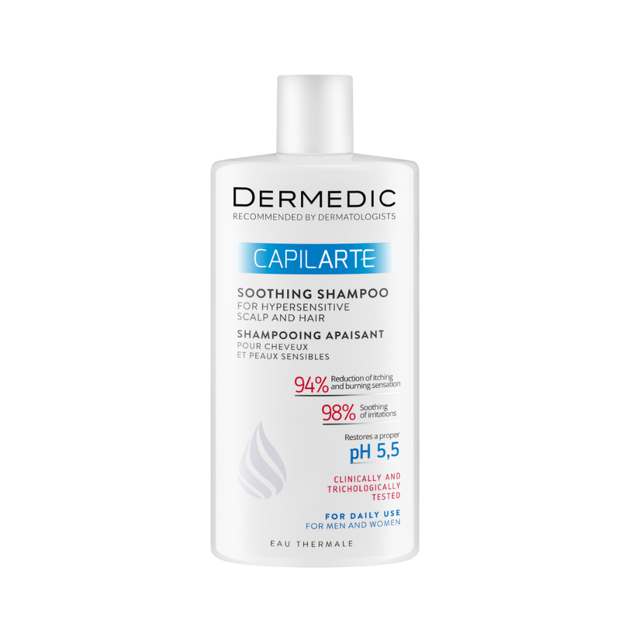 Dermedic Capilarte soothing shampoo bottle for hypersensitive scalp and hair, daily use, white plastic packaging
