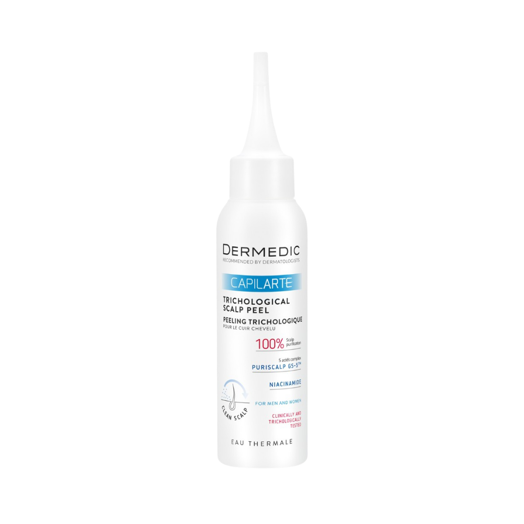 Dermedic Capilarte trichological scalp peel, 100 ml bottle with pointed applicator nozzle, white packaging.