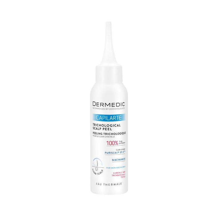 Dermedic Capilarte trichological scalp peel, 100 ml bottle with pointed applicator nozzle, white packaging.