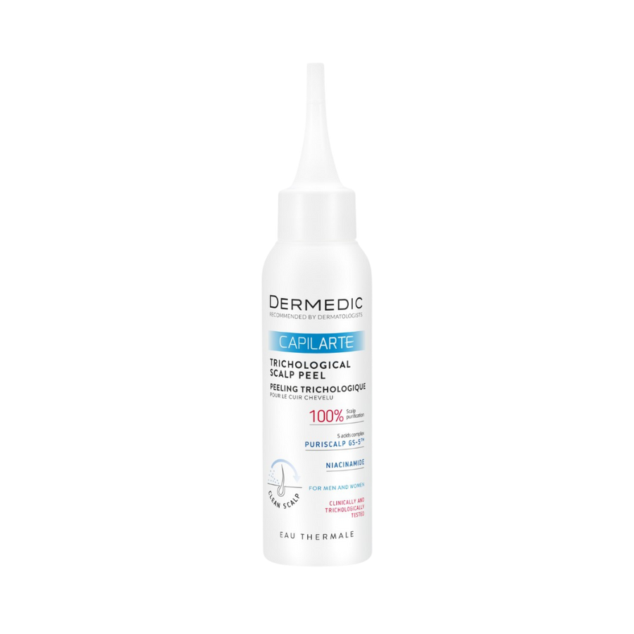 Dermedic Capilarte trichological scalp peel, 100 ml bottle with pointed applicator nozzle, white packaging.