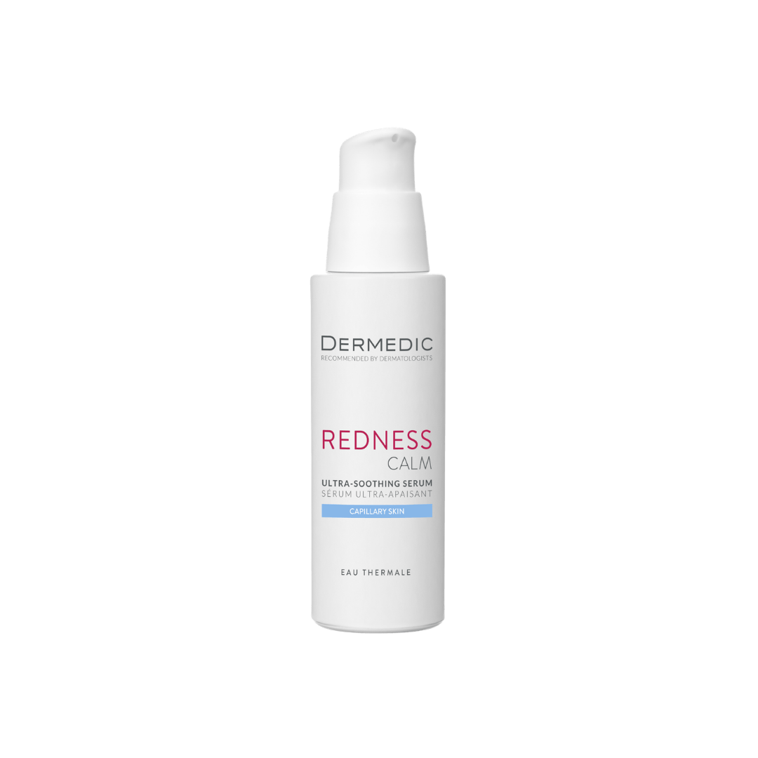 Dermedic Redness Calm ultra-soothing serum pump bottle for capillary skin, facial serum for redness-prone sensitive skin.
