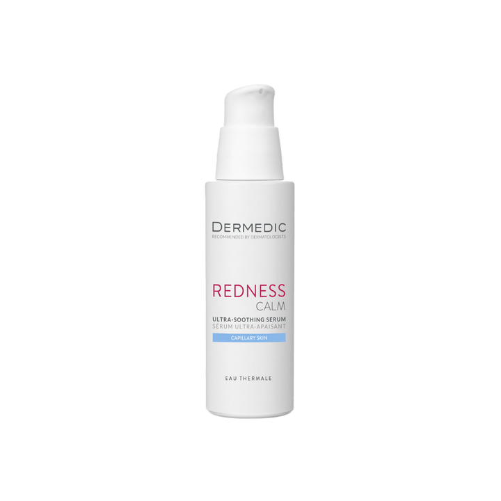 Dermedic Redness Calm ultra-soothing serum pump bottle for capillary skin, facial serum for redness-prone sensitive skin.