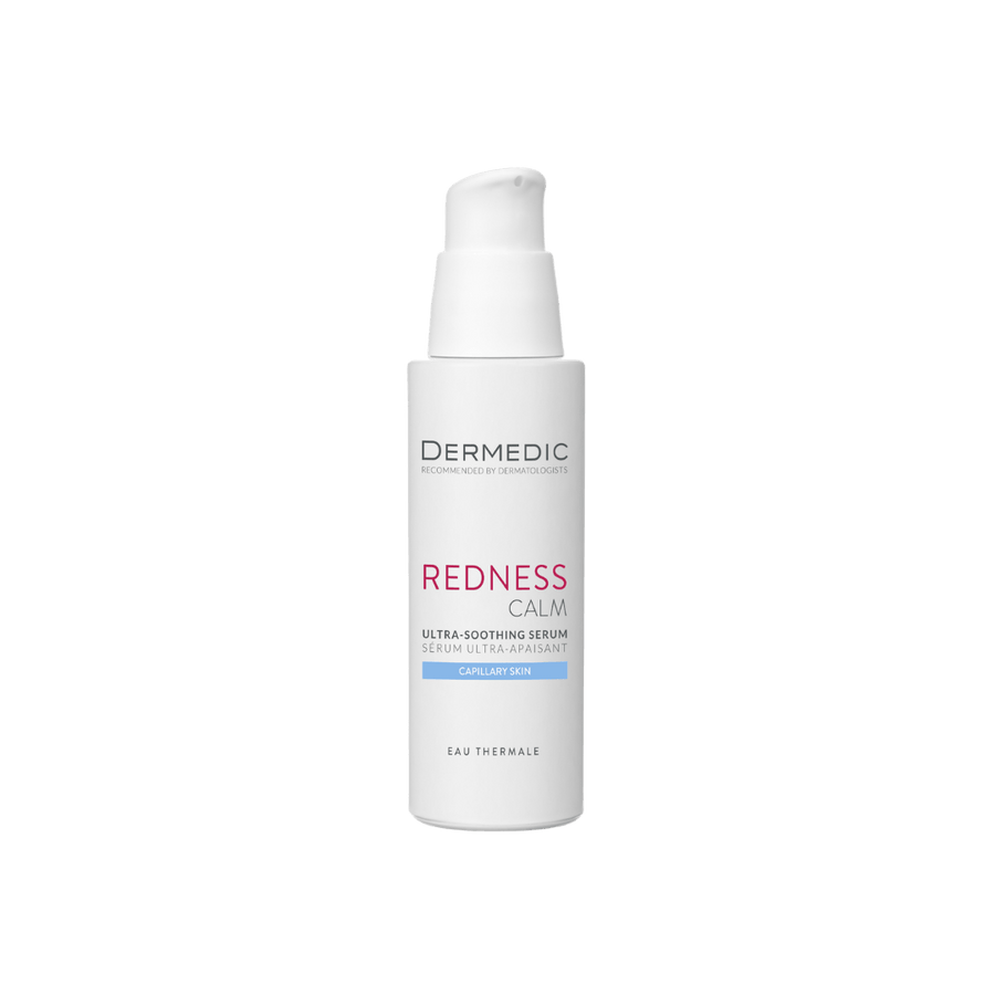 Dermedic Redness Calm ultra-soothing serum pump bottle for capillary skin, facial serum for redness-prone sensitive skin.