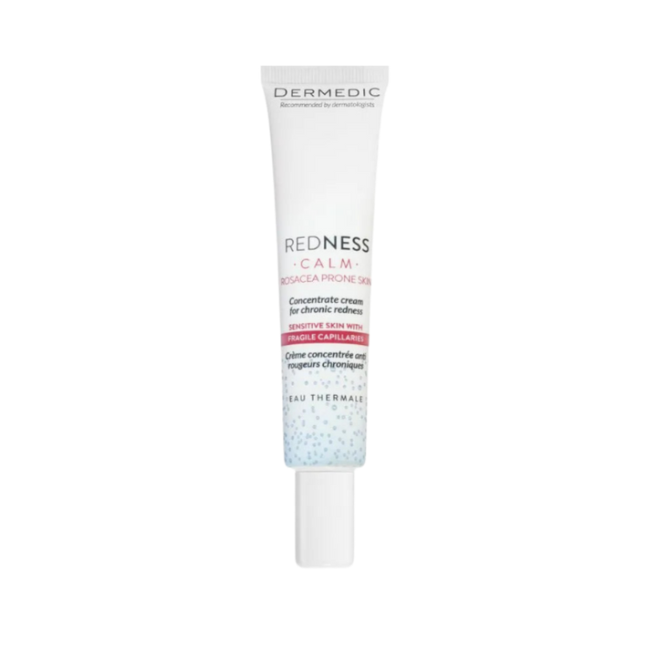 Dermedic Redness Calm concentrated cream tube for rosacea prone skin, white squeeze tube with pink blue label