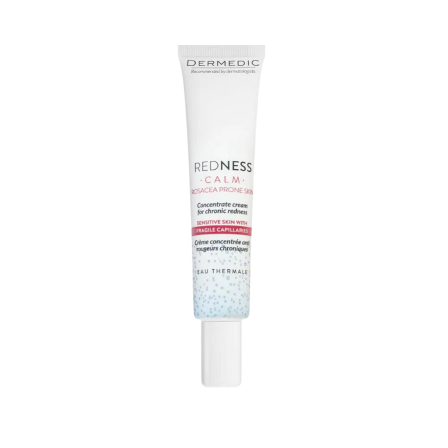 Dermedic Redness Calm concentrated cream tube for rosacea prone skin, white squeeze tube with pink blue label