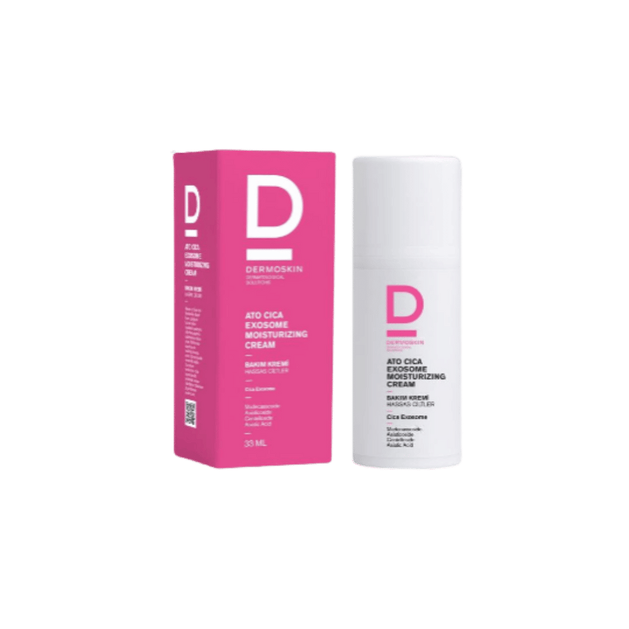 Dermoskin Atopica Exosome Moisturizing Cream, pink box and white pump bottle, 33ml
