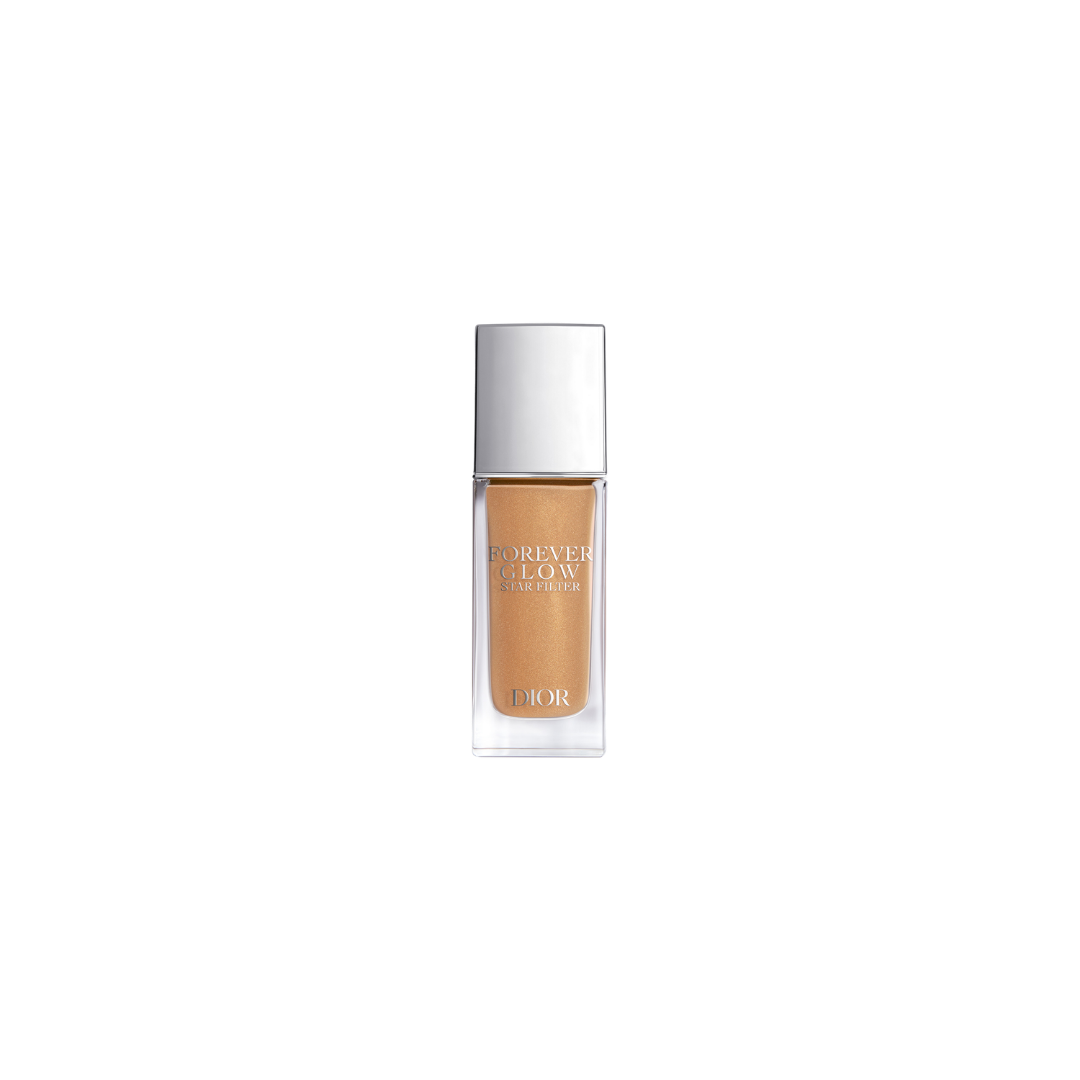 Dior Forever Glow Star Filter liquid complexion enhancer in golden shade, rectangular glass bottle with silver cap.