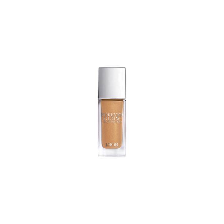 Dior Forever Glow Star Filter liquid complexion enhancer in golden shade, rectangular glass bottle with silver cap.