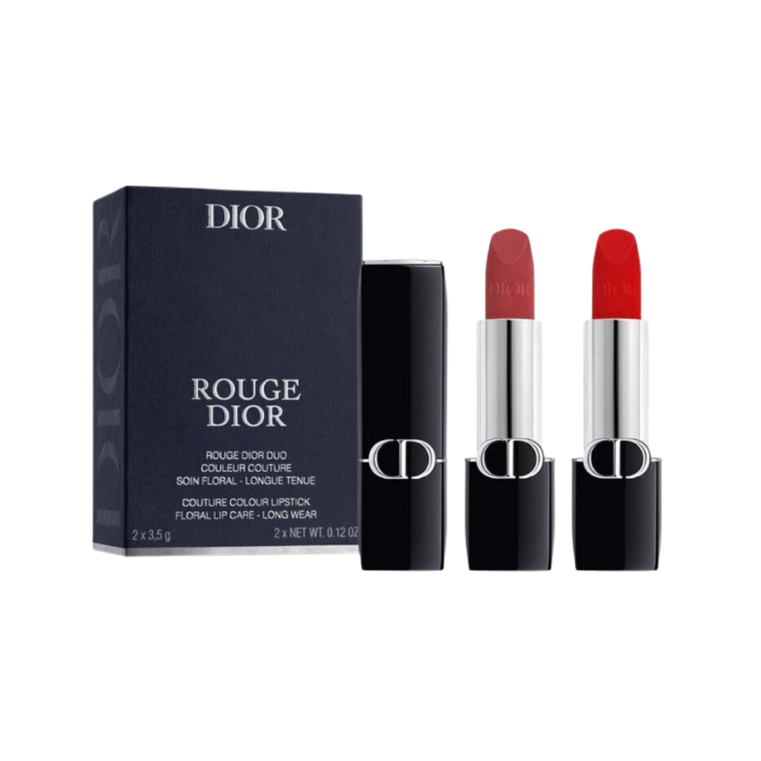 Dior Rouge Dior lipstick duo, two 3.5g red shades with black cases and navy box.