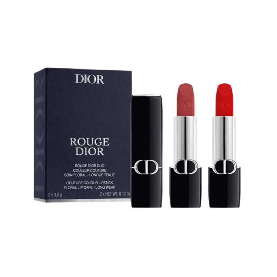 Dior Rouge Dior lipstick duo, two 3.5g red shades with black cases and navy box.