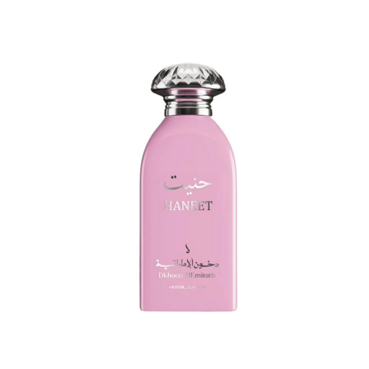 Haneet Dkhoon Al Emarat 400ml pink fragrance bottle with silver faceted cap