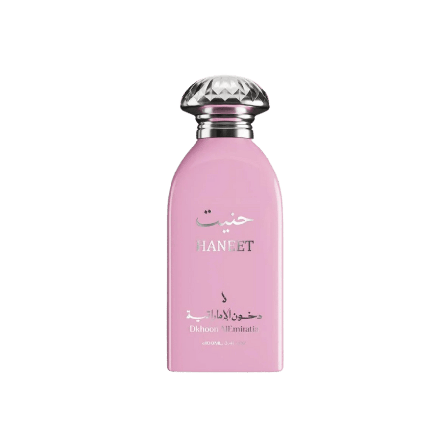 Haneet Dkhoon Al Emarat 400ml pink fragrance bottle with silver faceted cap