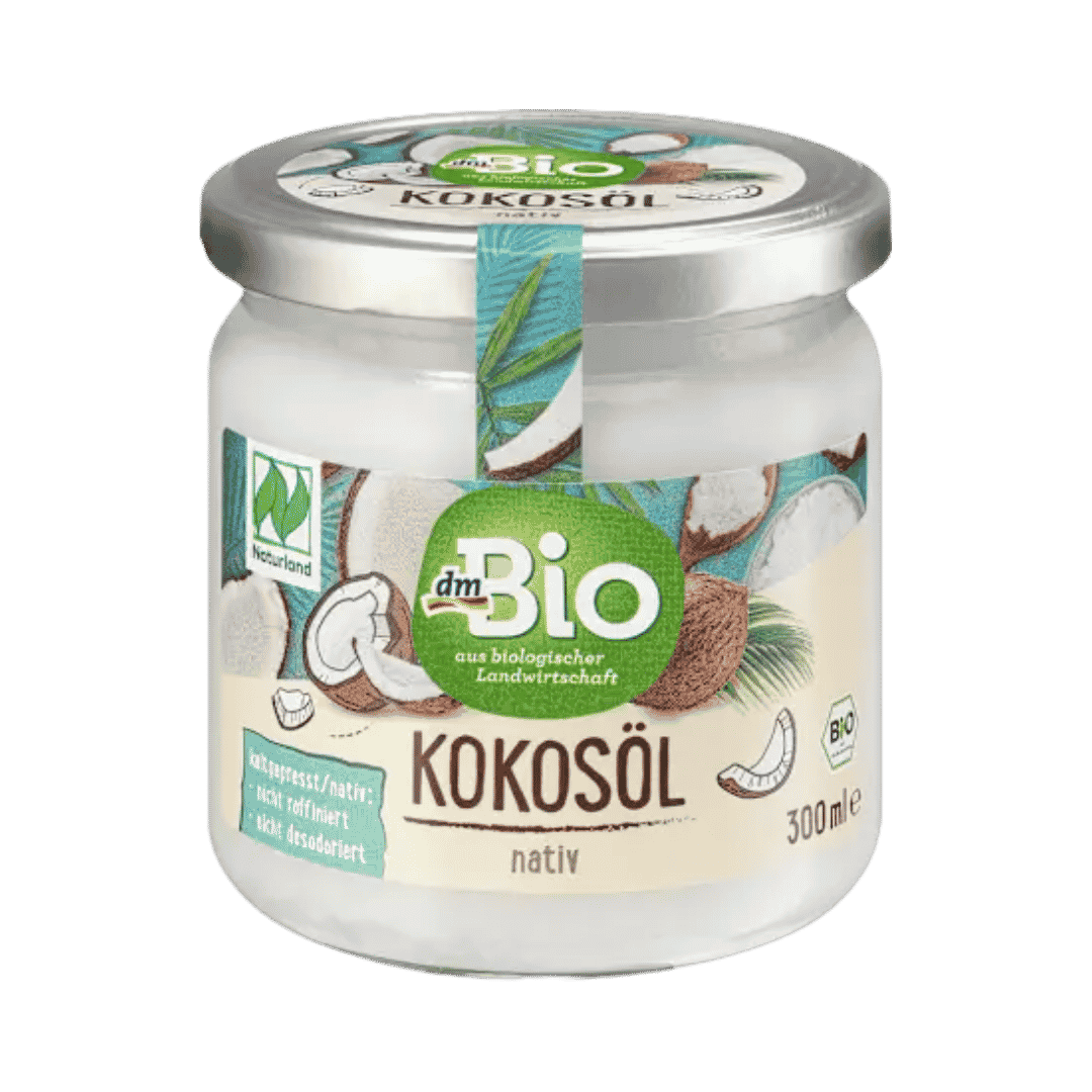 dm Bio native coconut oil, white 300ml jar with coconut graphics and green label