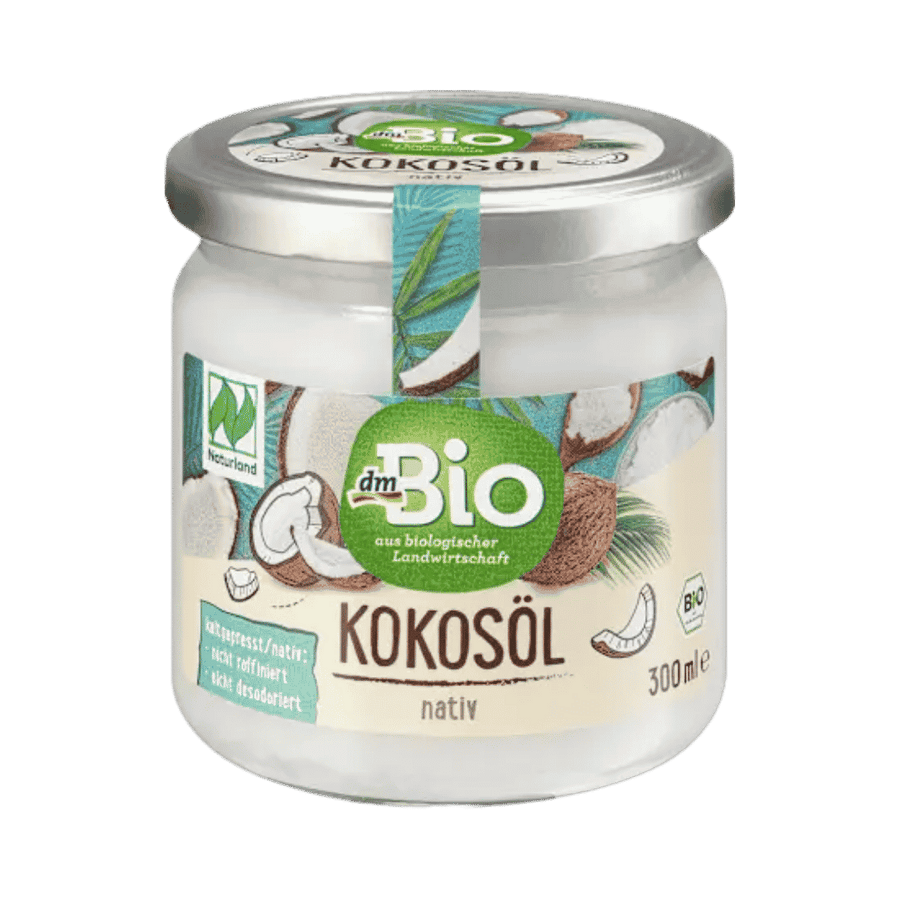 dm Bio native coconut oil, white 300ml jar with coconut graphics and green label