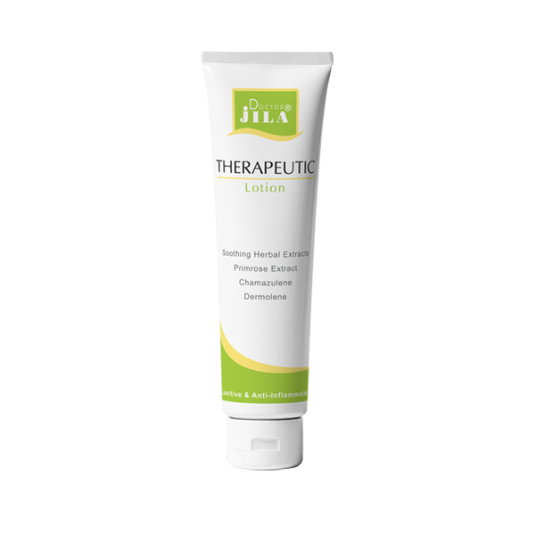 Doctor Jila Therapeutic Lotion, white tube with green label, soothing herbal extract, primrose and chamomile