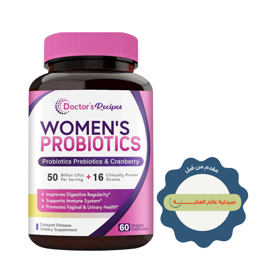 Doctor’s Recipes Women’s Probiotics, 50 billion CFU, 16 strains, 60 veggie capsules, in brown bottle with pink cap.