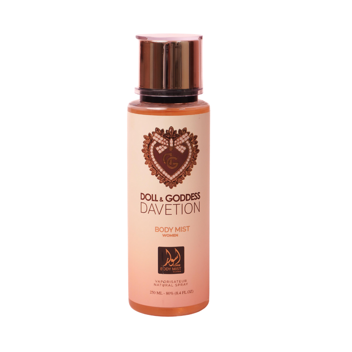 Doll & Goddess Davetion women body mist 250 ml cylindrical bottle with gold cap and crest label