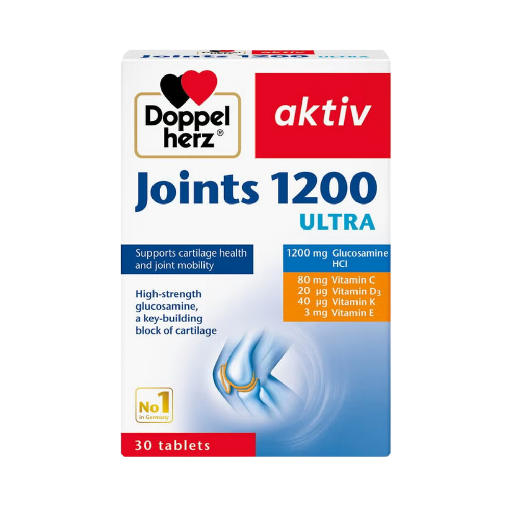 Doppelherz aktiv Joints 1200 Ultra glucosamine supplement 30 tablets box with vitamins C D3 K E label