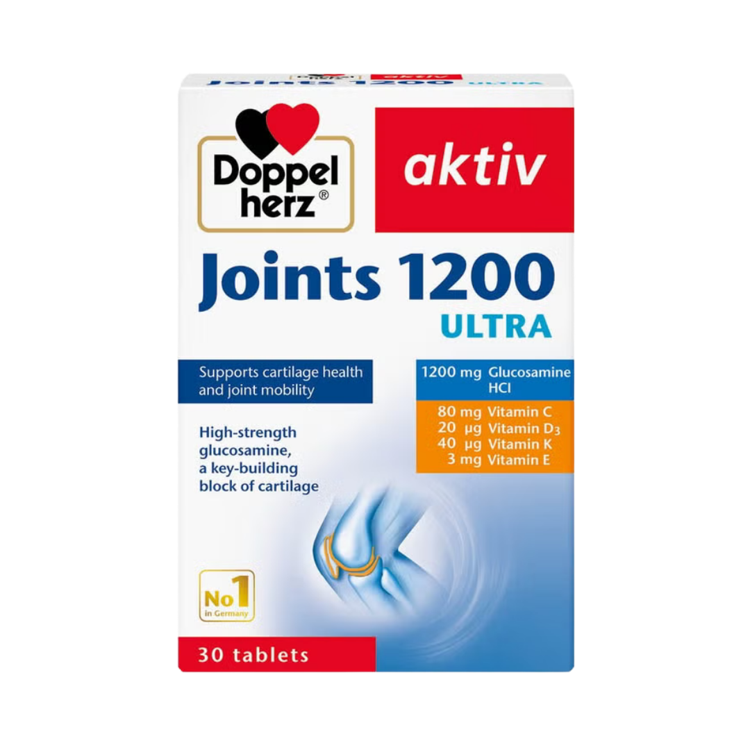 Doppelherz aktiv Joints 1200 Ultra glucosamine supplement 30 tablets box with vitamins C D3 K E label