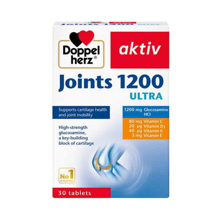 Doppelherz aktiv Joints 1200 Ultra glucosamine supplement 30 tablets box with vitamins C D3 K E label