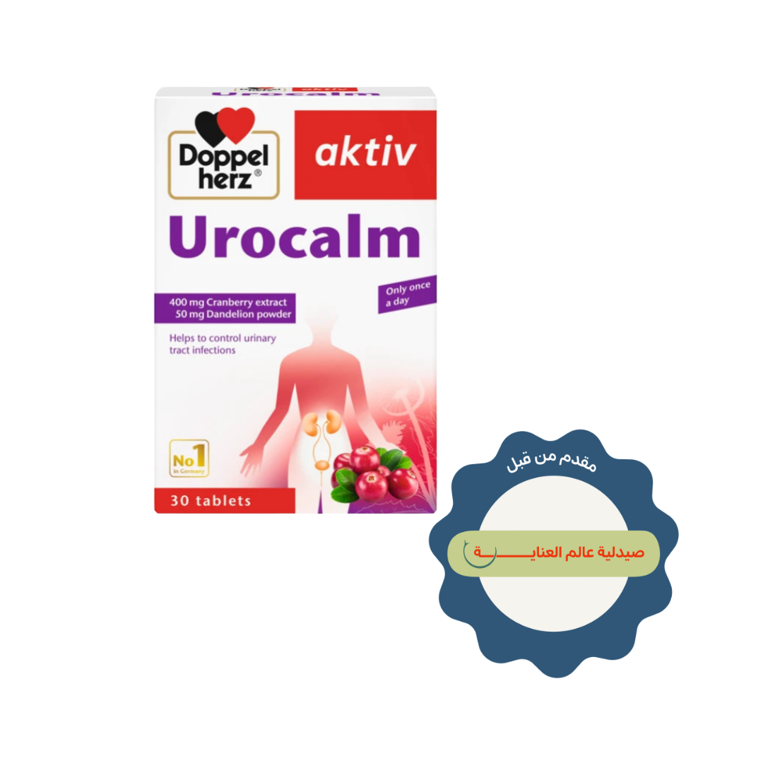 Doppelherz aktiv Urocalm urinary supplement, 30 tablets, with cranberry extract and dandelion powder packaging.