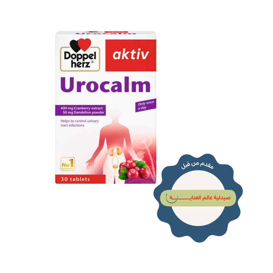 Doppelherz aktiv Urocalm urinary supplement, 30 tablets, with cranberry extract and dandelion powder packaging.