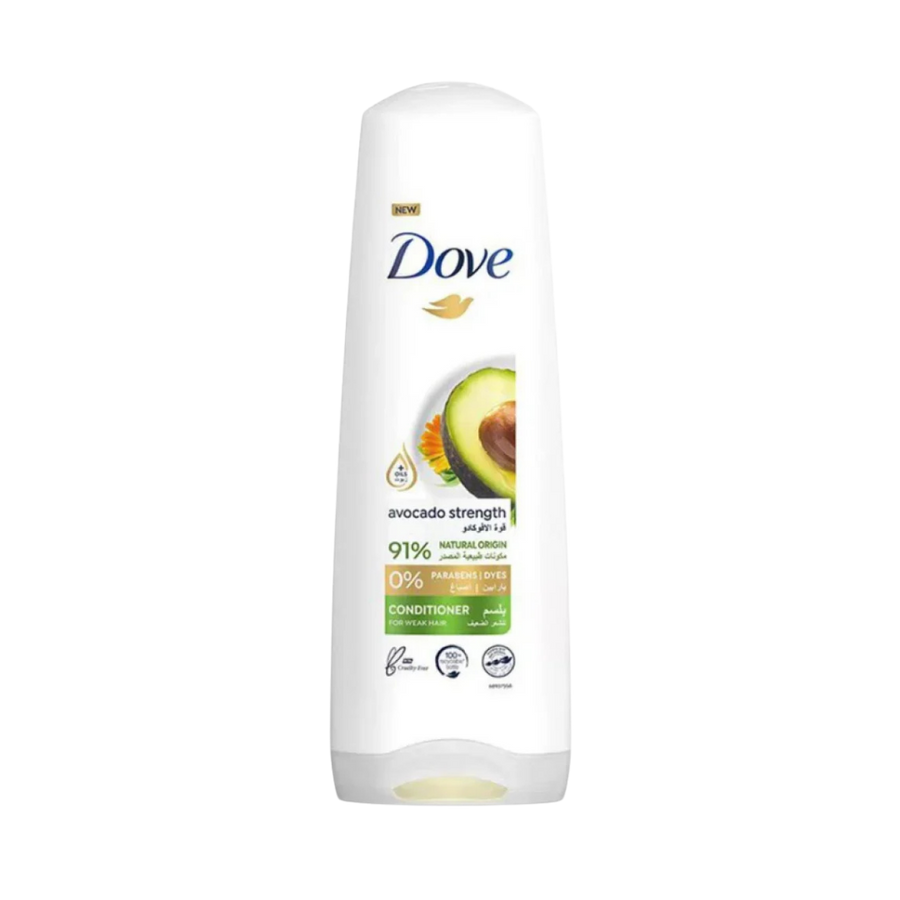 Dove Avocado Strength conditioner, 350ml white and green bottle with avocado and calendula graphics