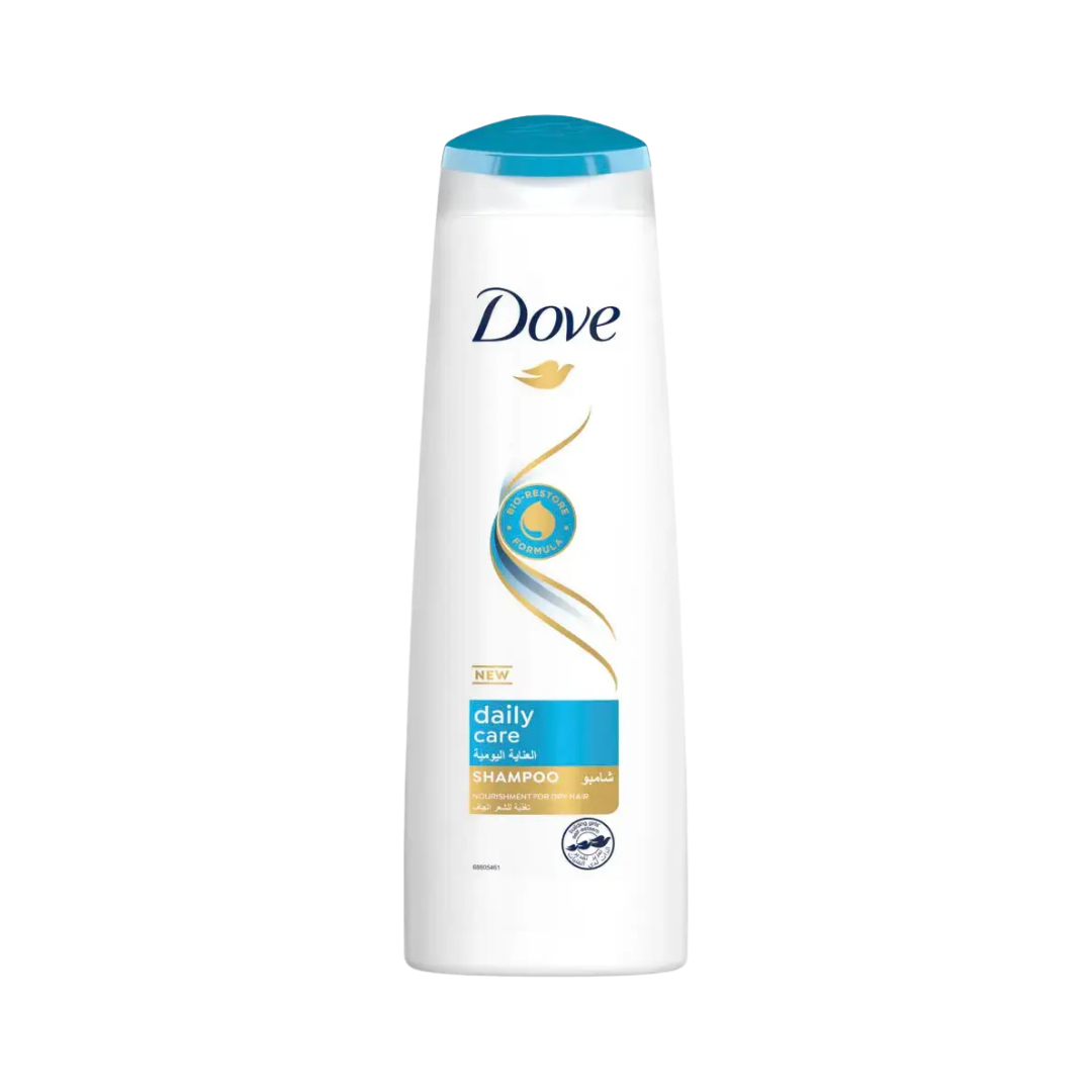 Dove Daily Care shampoo bottle white with blue cap Bio Restore formula Arabic English label 400ml