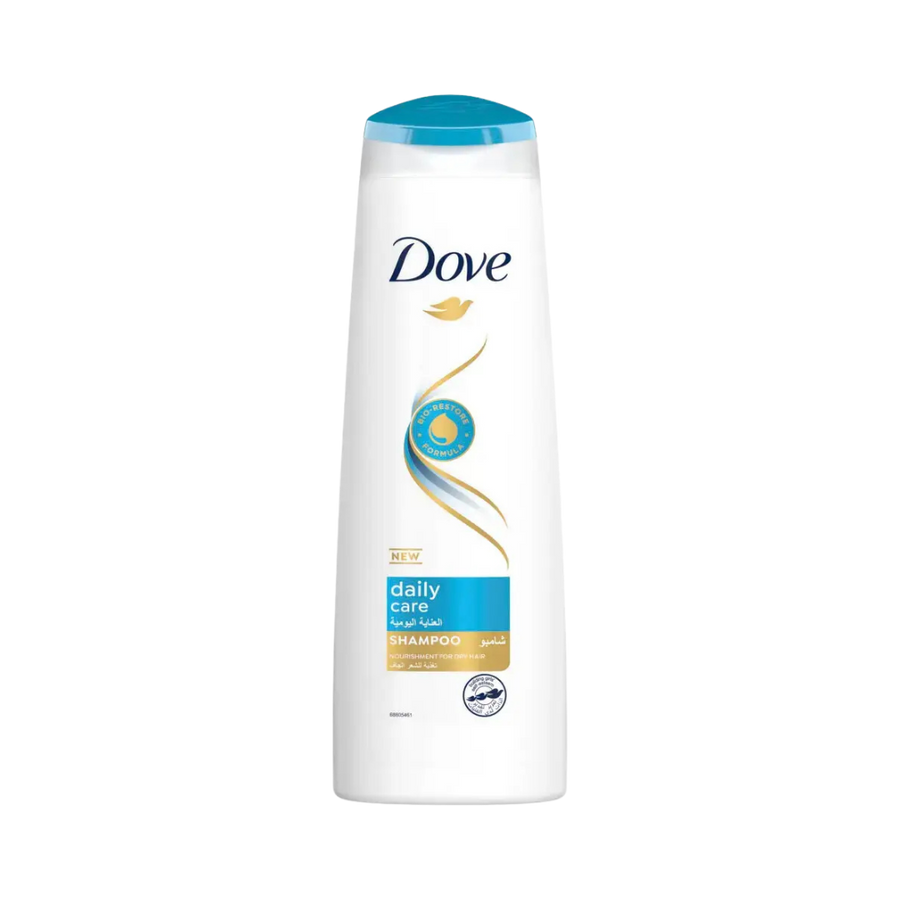 Dove Daily Care shampoo bottle white with blue cap Bio Restore formula Arabic English label 400ml
