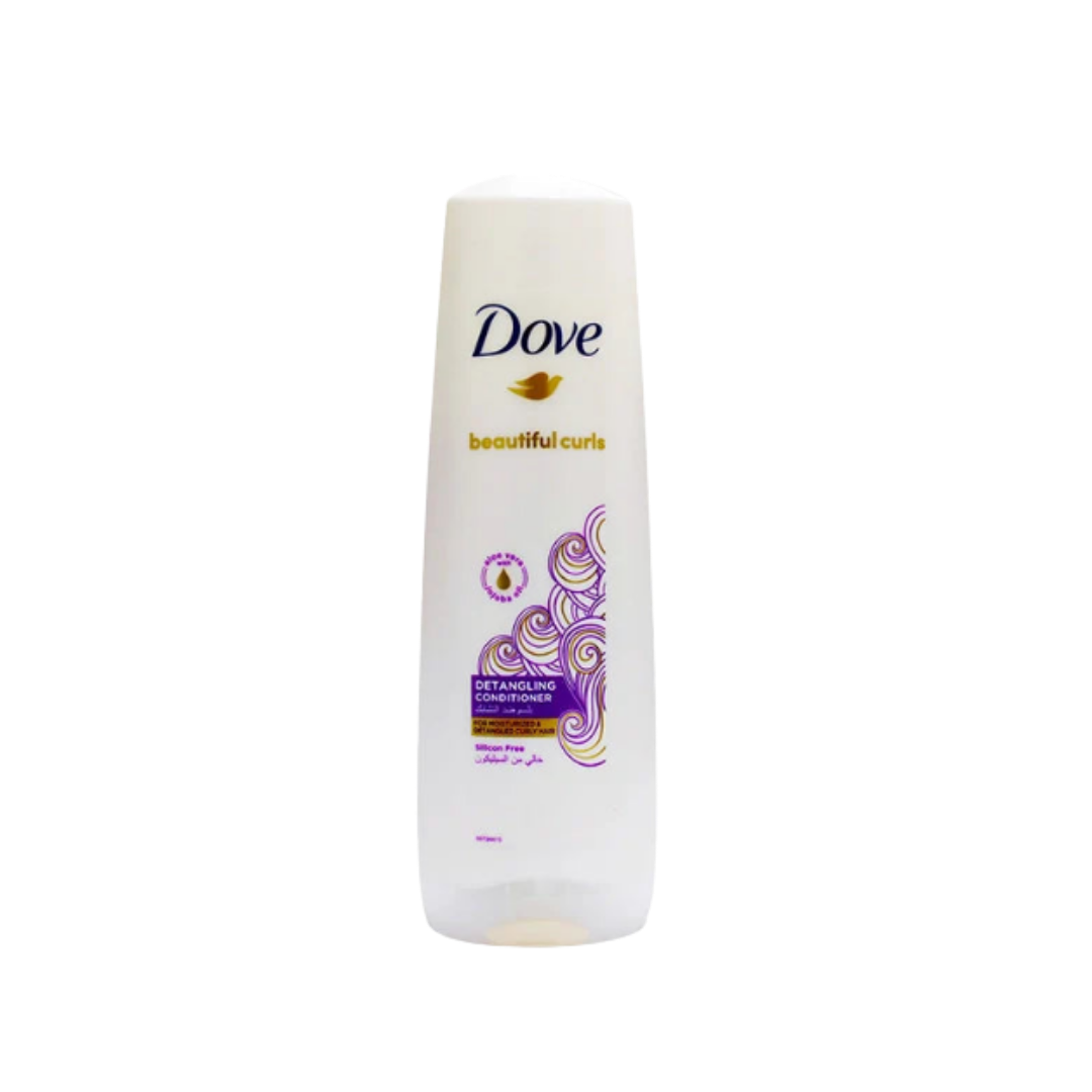 Dove Beautiful Curls detangling conditioner for curly hair, white bottle with purple graphics, silicone free.