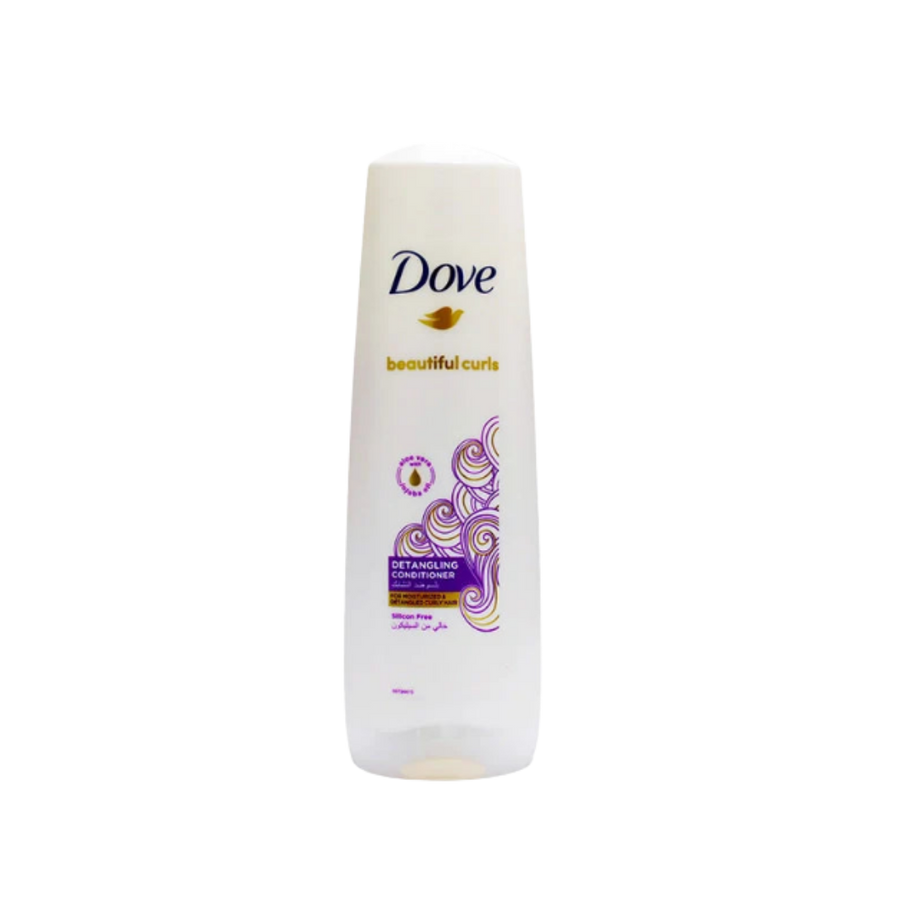 Dove Beautiful Curls detangling conditioner for curly hair, white bottle with purple graphics, silicone free.