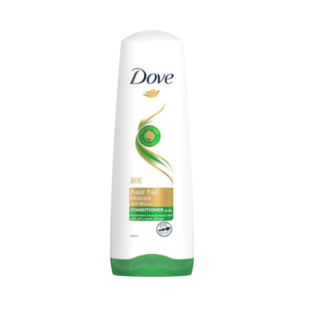 Dove Hair Fall Rescue conditioner bottle, white packaging with green base, bio restore formula, nourishment for weak fragile hair