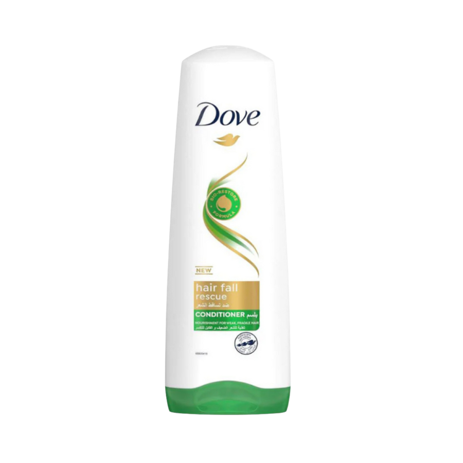 Dove Hair Fall Rescue conditioner bottle, white packaging with green base, bio restore formula, nourishment for weak fragile hair