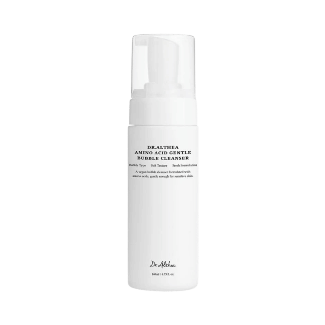 Dr. Althea Amino Acid Gentle Bubble Cleanser, white pump bottle, printed text branding, 140ml, 605x623px 