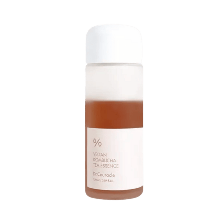 Dr.Ceuracle Vegan Kombucha Tea Essence, vegan skin essence, 150ml bottle, brown liquid, white cap, clear label.