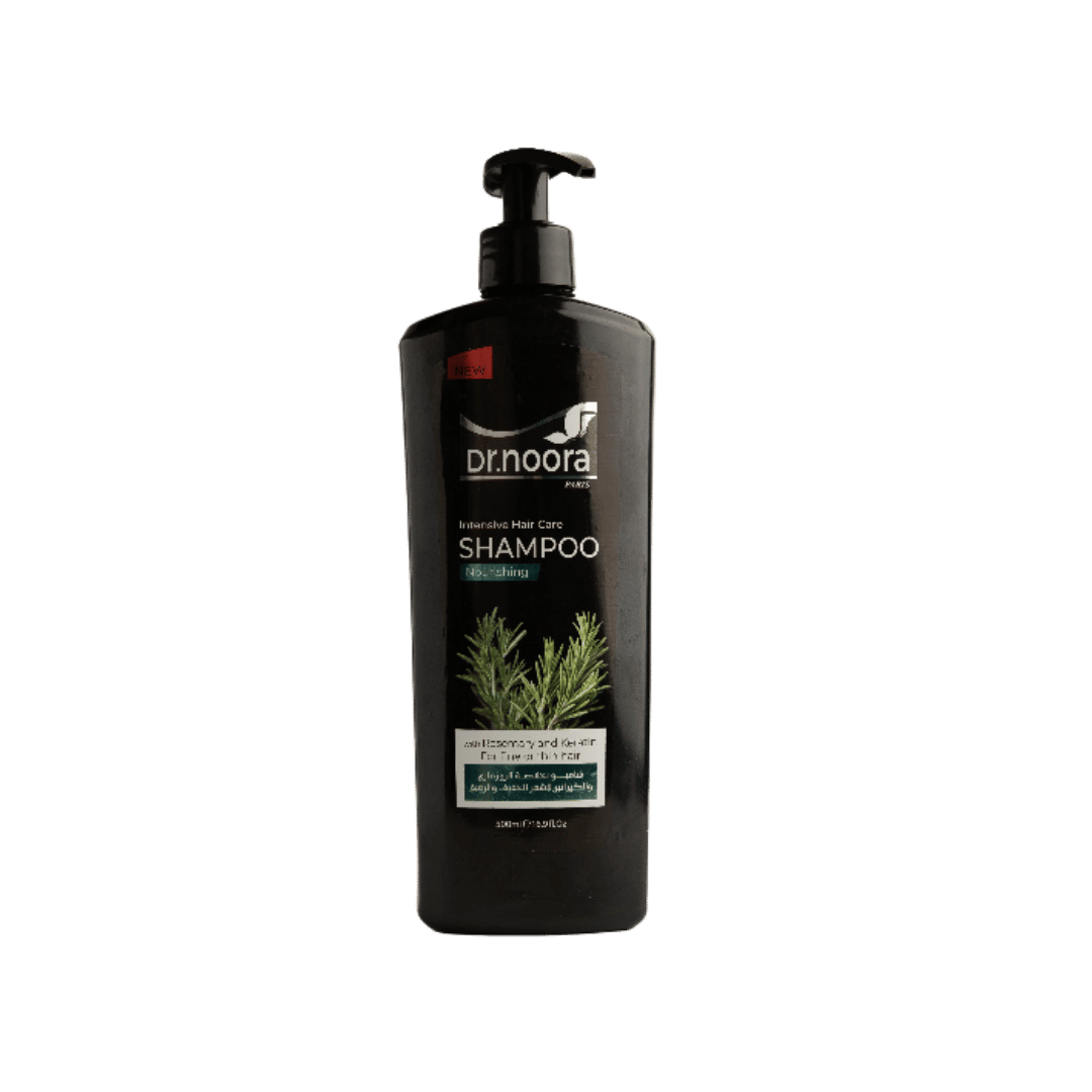 Drnoora Intensive Hair Care shampoo pump bottle, nourishing formula with rosemary and keratin for damaged hair