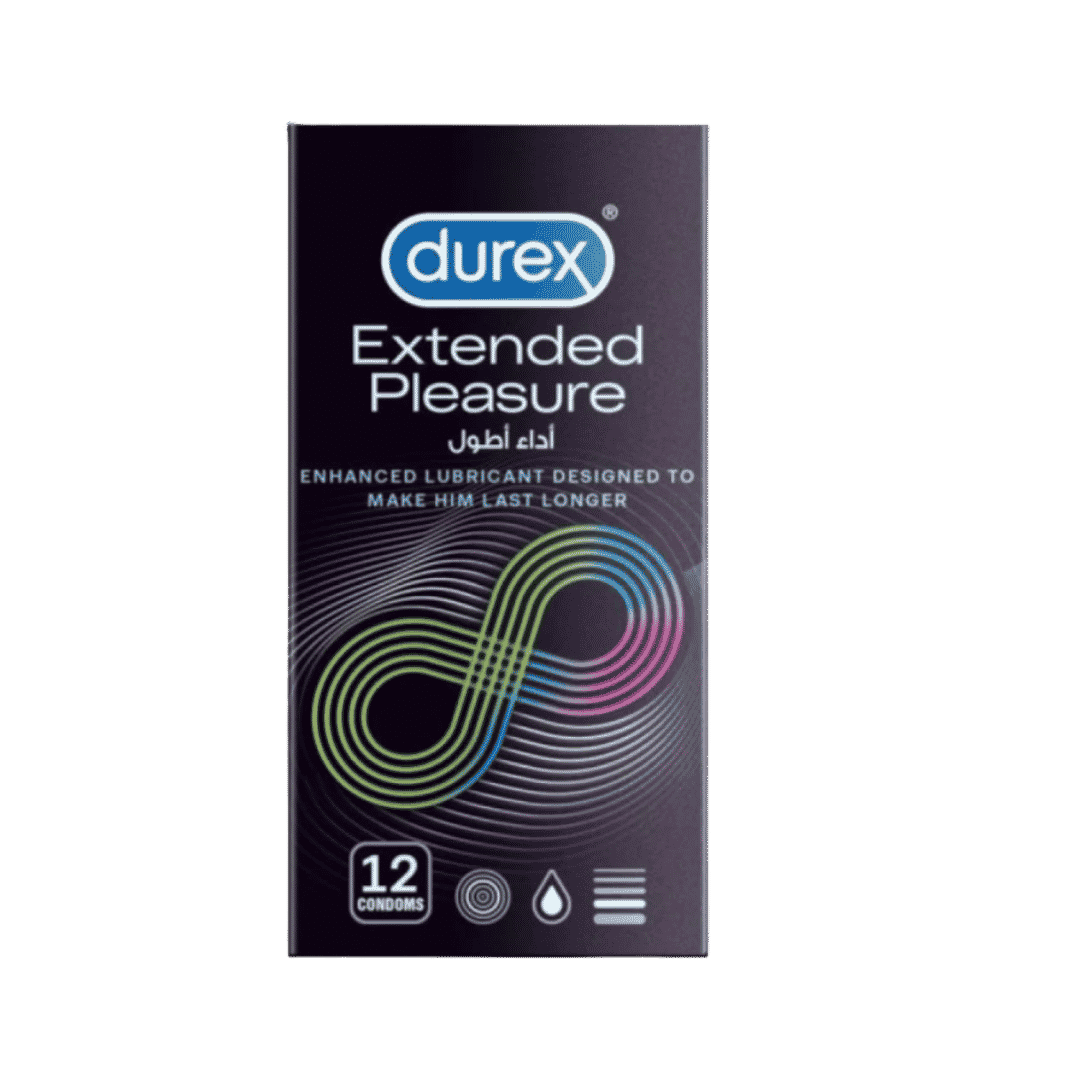 Durex Extended Pleasure condoms, 12-count black carton with multicolored infinity graphic and Arabic text.