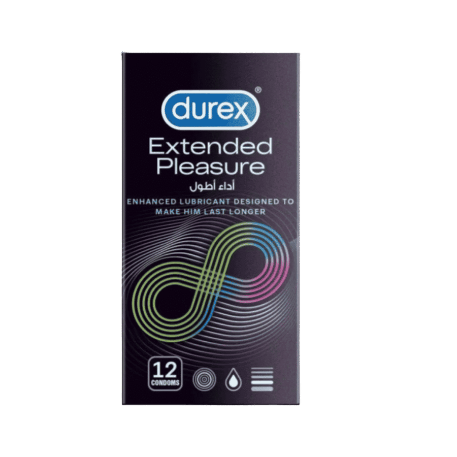 Durex Extended Pleasure condoms, 12-count black carton with multicolored infinity graphic and Arabic text.