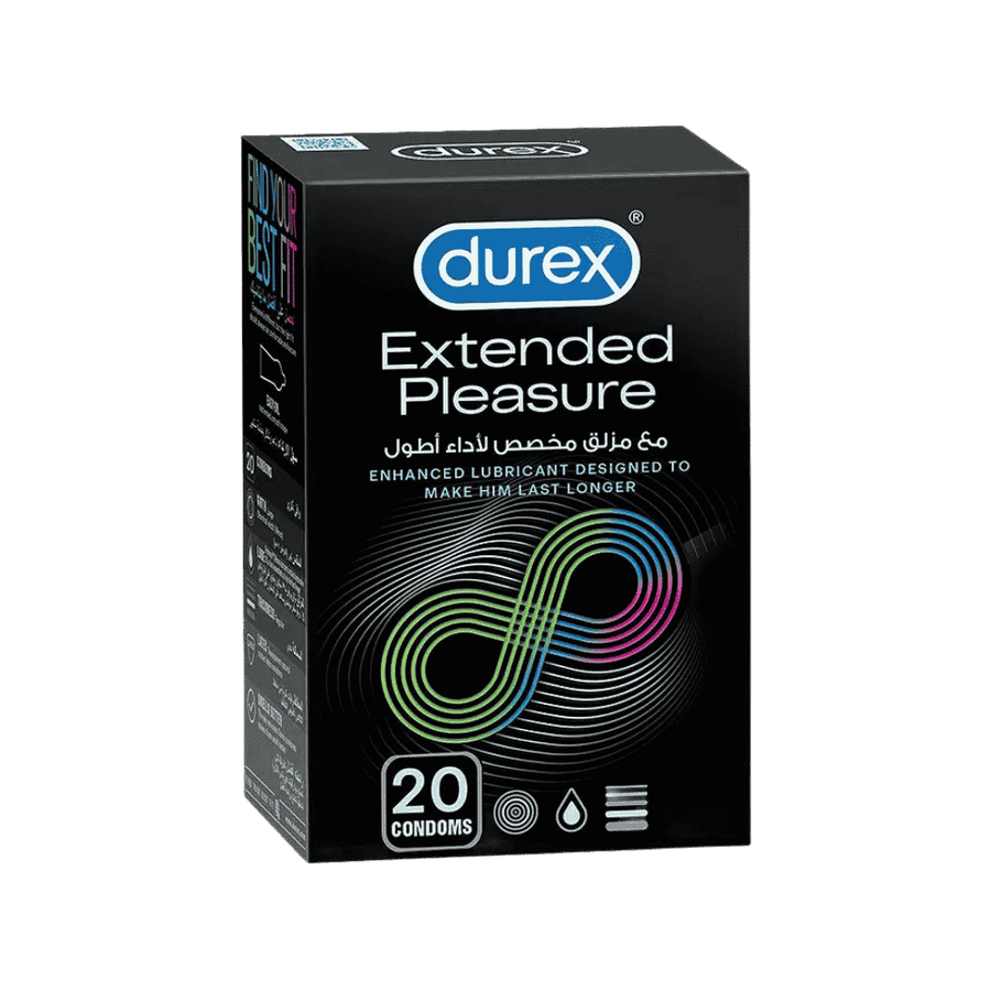 Durex Extended Pleasure condoms, 20 condoms per pack, with enhanced lubricant designed for longer performance.
