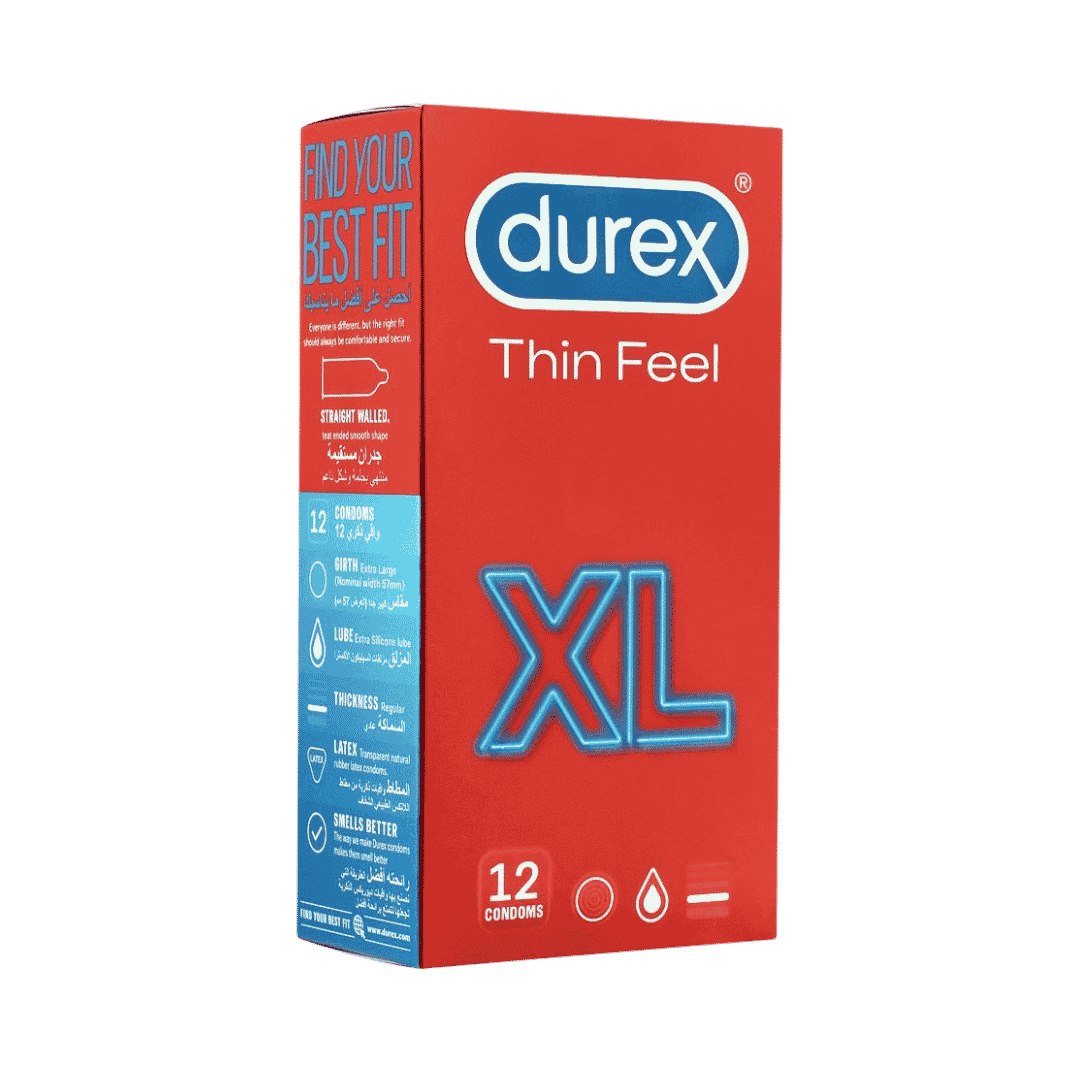 Durex Thin Feel XL condoms, 12 condoms per pack, extra-large size, with silicone lubricant.
