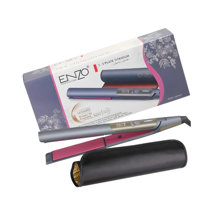 ENZO Professional titanium hair straightener with digital display, pink plates, black storage case, and retail box.