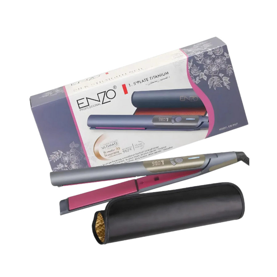 ENZO Professional titanium hair straightener with digital display, pink plates, black storage case, and retail box.