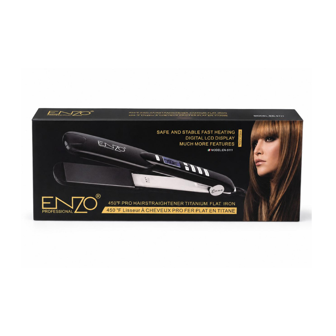 ENZO 450°F Pro Hair Straightener Titanium Flat Iron box with black packaging and model EN-5111
