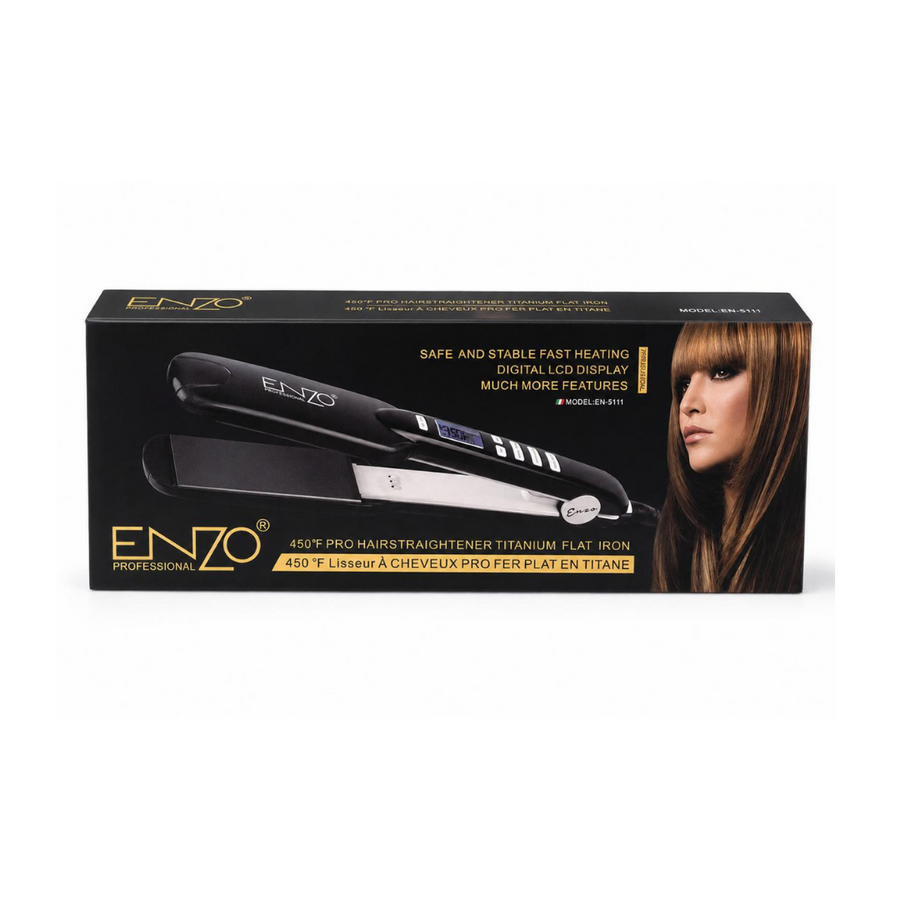 ENZO 450°F Pro Hair Straightener Titanium Flat Iron box with black packaging and model EN-5111