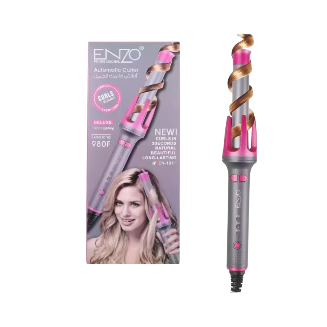 ENZO Professional automatic hair curler, model EN-1911, pink and gray device with illustrated retail box packaging