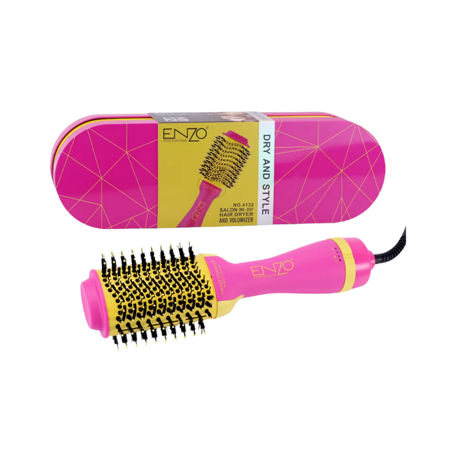 ENZO Professional dry and style hot air brush hair dryer volumizer pink device with storage case packaging
