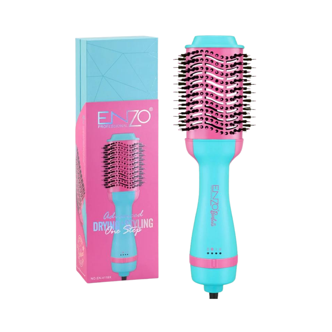 ENZO electric drying and styling hair brush, pink and blue barrel brush with retail box packaging