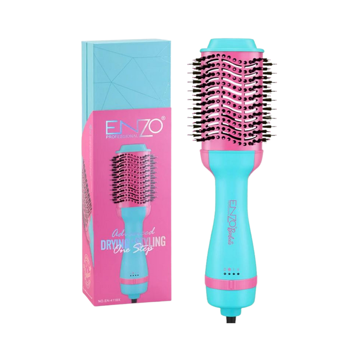 ENZO electric drying and styling hair brush, pink and blue barrel brush with retail box packaging